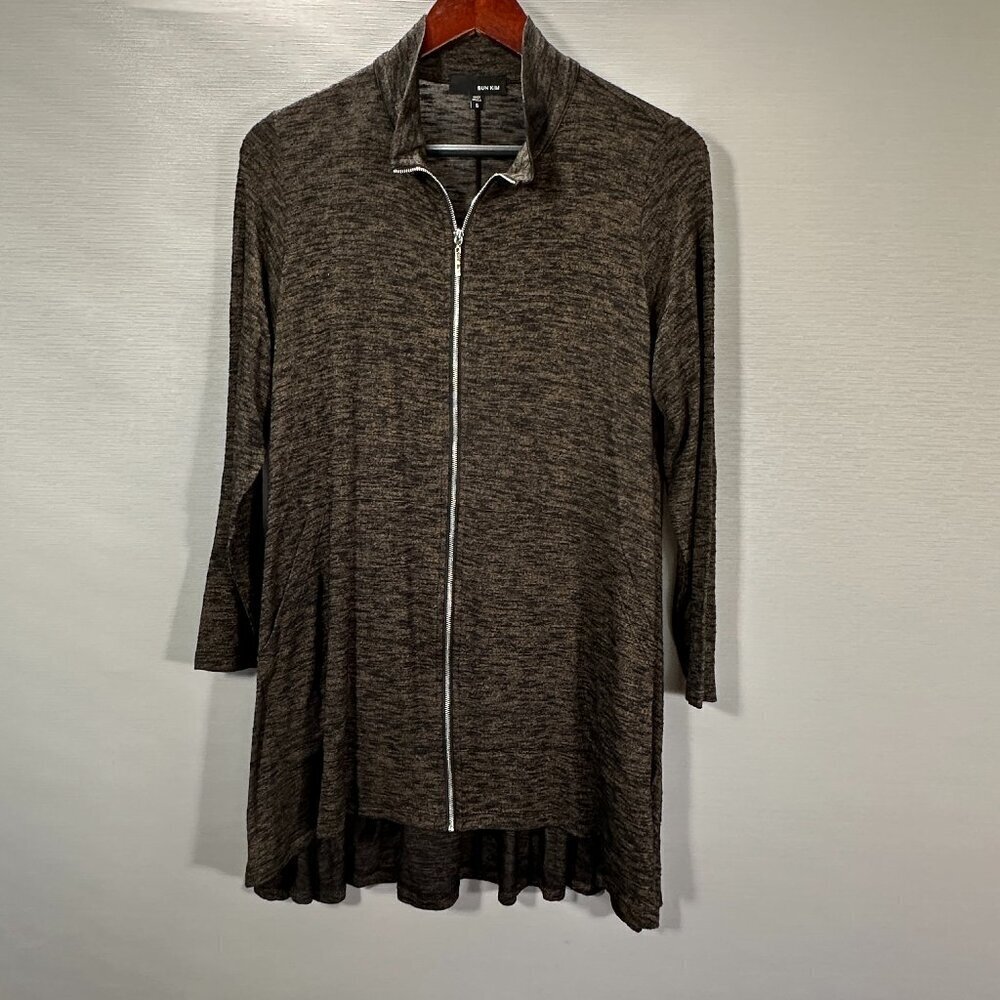 Sun Kim Sweater Womens Small Cardigan Full Zip Brown Black Stretch Pockets Swing